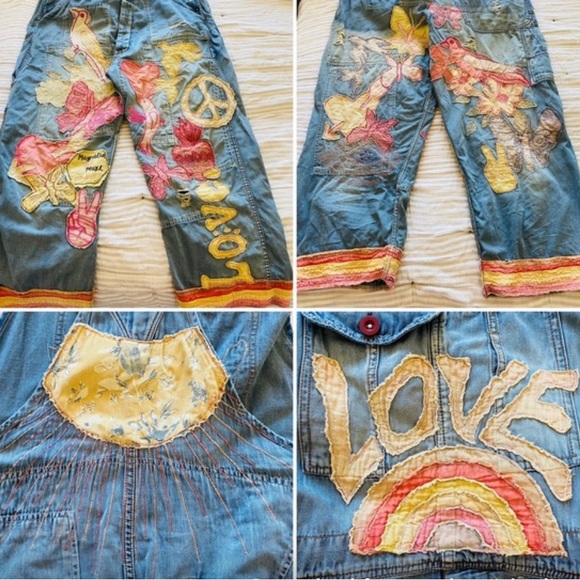 Magnolia Pearl Woodstock Love Appliqué Overalls O/S NWT - Picture 4 of 4